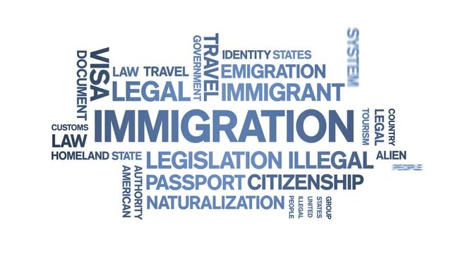 immigration animated tag word cloud;text design animation kinetic typography seamless loop.