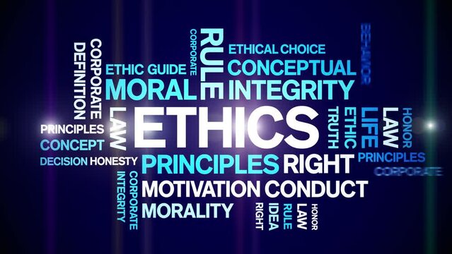 Ethics animated tag word cloud;text design animation kinetic typography seamless loop.