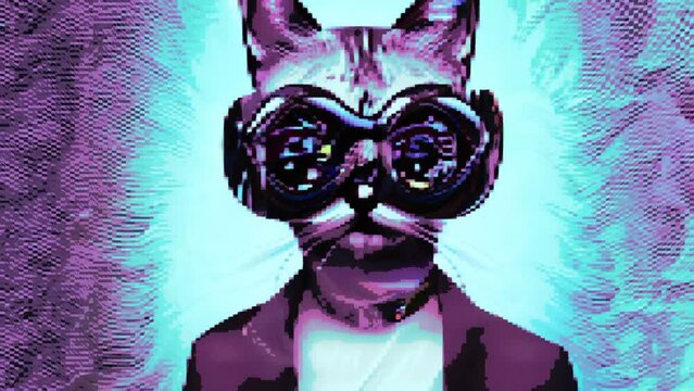 Pixel Art In Motion of a Cat Portrait With Funny Google Glasses