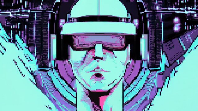 Retro Futuristic Man Wearing a VR Headset Glasses Motion Pixel Art