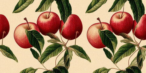 Fruchtmuster. Nahtloses Muster aus Apfel und Blättern. Vintage botanische 3D-Illustration. © Viks_jin
