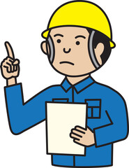 バインダーを片手に指示をする工場で働く男性作業員