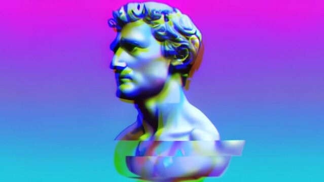 Retrowave Roman Greek Statue Bust With Neon Colors Glitch Animation