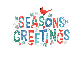 Colorful lettering Seasons Greetings with Cardinals and decorative winter design elements. For banners, cards, social media and invitations. - 539603234