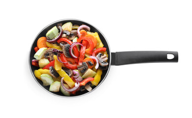 Mix of tasty vegetables in pan isolated on white, top view