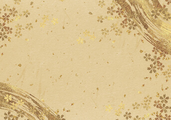 ゴールドの筆のラインと桜吹雪の背景
