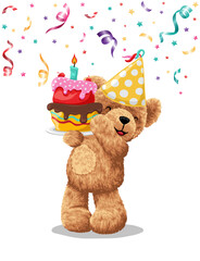 Hand drawn teddy bear cartoon with cake in birthday party