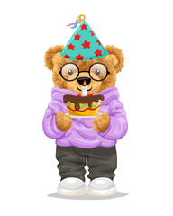 Hand drawn teddy bear cartoon with cake in birthday party