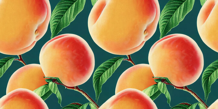 Fruit pattern. Seamless pattern of peach and leaves. Vintage botanical 3d illustration.