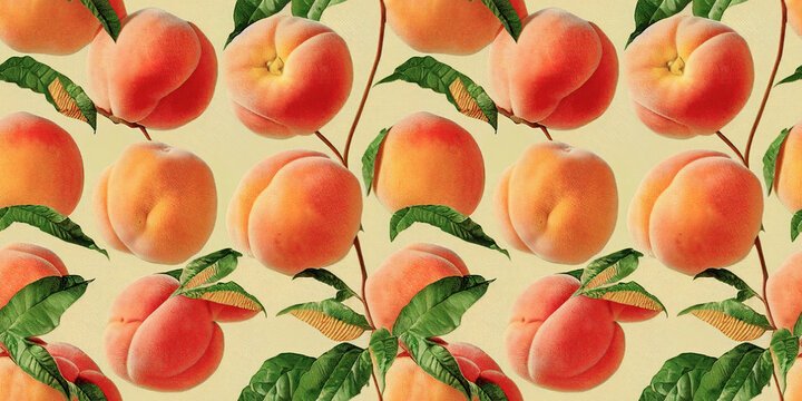 Fruit pattern. Seamless pattern of peach and leaves. Vintage botanical 3d illustration.