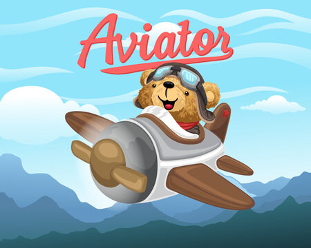 Hand drawn teddy bear cartoon piloted an airplane on landscape background