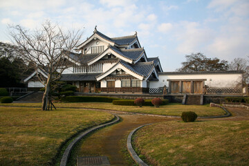 Traditional Japanese style building in Shiroyama Park, Miyakonojo, Miyazaki, Japan.