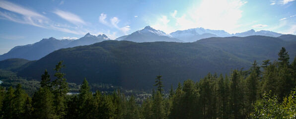 Panorama of the rocky mountains in western British Columbia Canada.