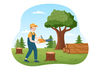 Obraz na płótnie Canvas People Tree Cutting and Timber with Truck, Chainsaw Wooden and Tools Logging in the Forest on Flat Cartoon Hand Drawn Templates Illustration