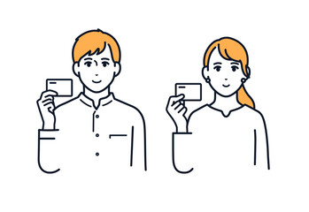 笑顔でカードを持つ若い男女のシンプルなベクターイラスト素材