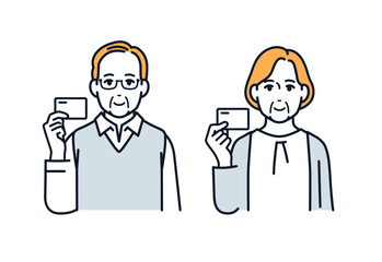 笑顔でカードを持つシニア夫婦のシンプルなベクターイラスト素材