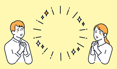 キラキラフレームと期待する男女のシンプルなベクターイラスト素材