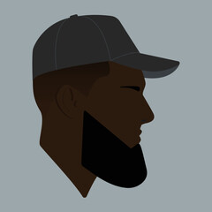 Silhouette. Portrait. Face. Black man head. Man head flat colored illustration. Head silhouette. Bearded black man. The head of a black guy in a baseball cap.