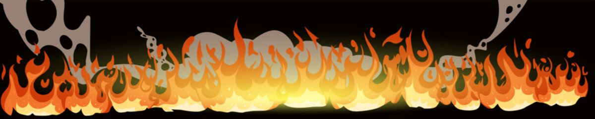 Cartoon fire with smoke on a black background. Vector illustration with arson of a vertical surface for a bright banner. Flaming tongues of fire.