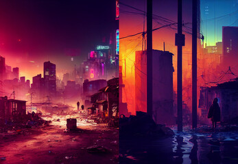 Cyberpunk neon lights flooding city, future, sunset in the city, collection