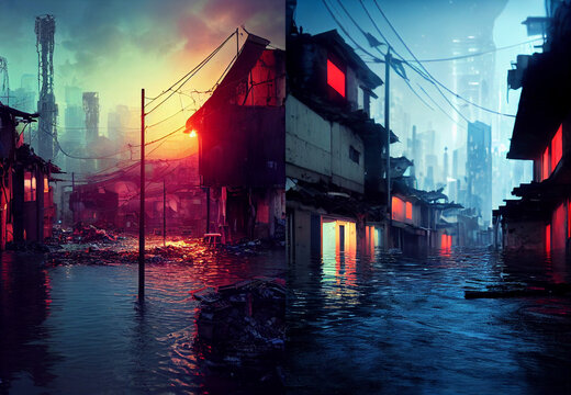 City under water, cyberpunk, flood city, neon sings, night view of the city, collection