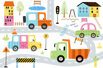 Doodle cityscape hand drawn vector illustration. Little town view with cars, roads, buildings, traffic signs