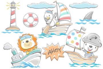 Naklejka premium Hand drawn funny animals sailor with sea elements