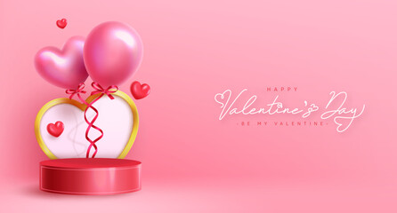 Valentine's vector background design. Happy valentine's day text in empty pink space with podium decoration. Vector Illustration.
