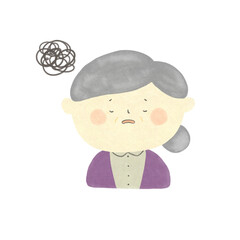  水彩画　モヤモヤと悩むおばあちゃん　手描きイラスト素材