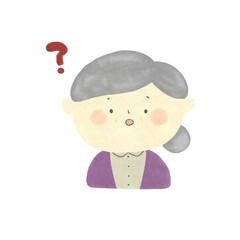 水彩画　考えるおばあちゃん　手描きイラスト素材