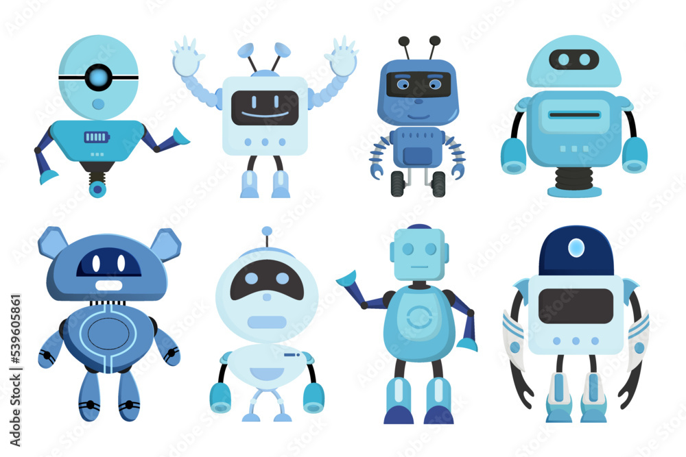 Poster robots character vector set design. robotic cartoon characters standing in white background with hum