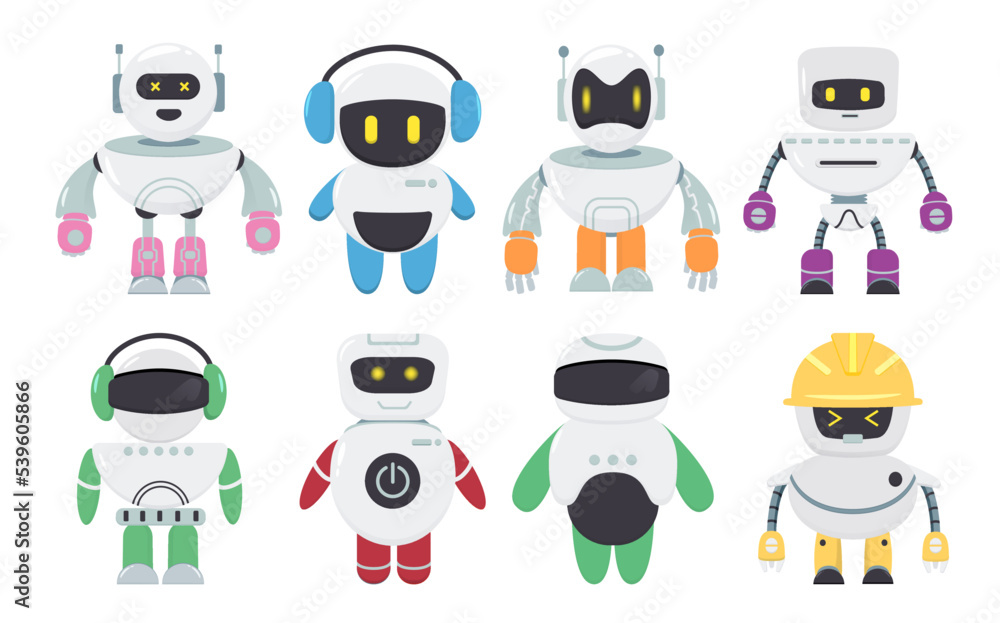 Poster robotic characters vector set design. robotic ai character in standing pose and gesture for artifici