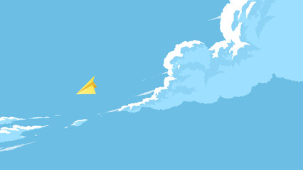vector illustration of the clouds image with a paper plane flying in the blue sky - obrazy, fototapety, plakaty