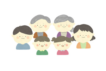 水彩画　幸せな二世帯家族　手描きイラスト素材