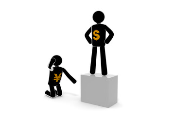 勝ちを喜ぶドルの人形。悲しむ円の人物。ドルの文字を描いた人物。円の文字を描いた人物。