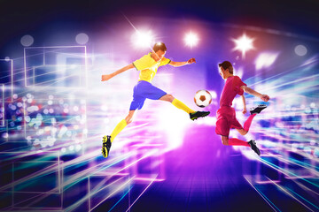 Two soccer players playing a ball in cyberspace
