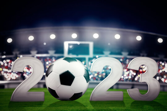 Soccer ball with 2023 number on the stadium
