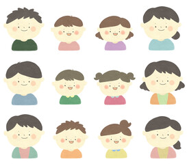 水彩画　幸せな四人家族　バリエーション　手描きイラスト素材