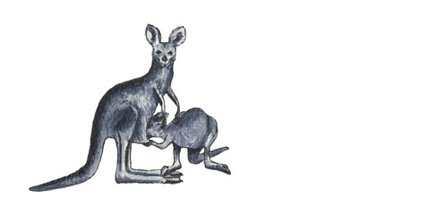 Ink hand drawing Kangaroo with child and empty pocket
