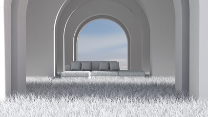 Meadow in the room. 3D illustration, 3D rendering	
