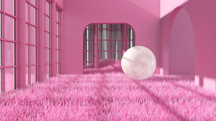 Moon 3d glowing on meadow. 3D illustration, 3D rendering	
