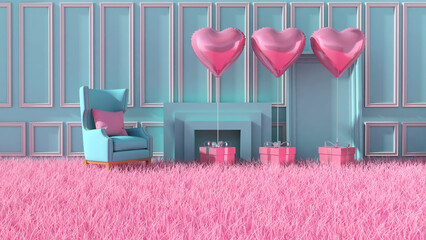 Meadow in the room. 3D illustration, 3D rendering	
