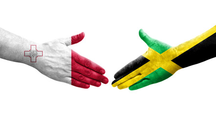 Handshake between Malta and Jamaica flags painted on hands, isolated transparent image.