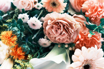 Bouquet of pink flowers close-up, texture and natural background.