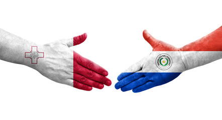 Handshake between Malta and Paraguay flags painted on hands, isolated transparent image.