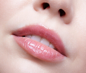 Naklejka premium Human mouth and nose. Closeup macro portrait of female part of face. Woman lips with day beauty makeup.