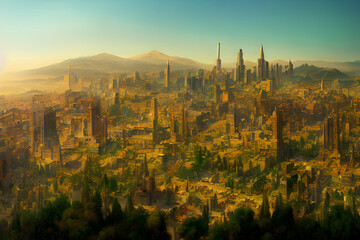 Fototapeta premium Sun rises on an ancient, powerful city..
