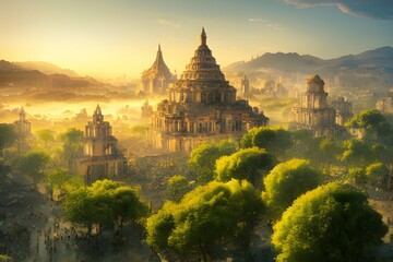 Fototapeta na wymiar Sun rises on an ancient, powerful city..