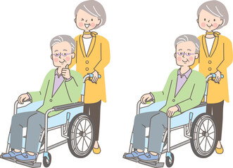 車椅子のシニア男性を介助するシニア女性