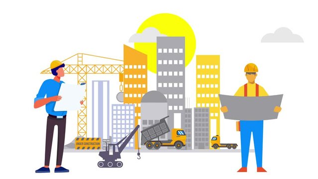 Contractors checking the construction site animation, Contractor discussing the construction site building while holding the blueprint, Cartoon in 4k resolution